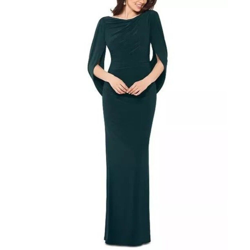 Betsy & Adam Long Jersey Ruched Drape Back Formal Gown sz 14 Forest Green - Picture 1 of 6